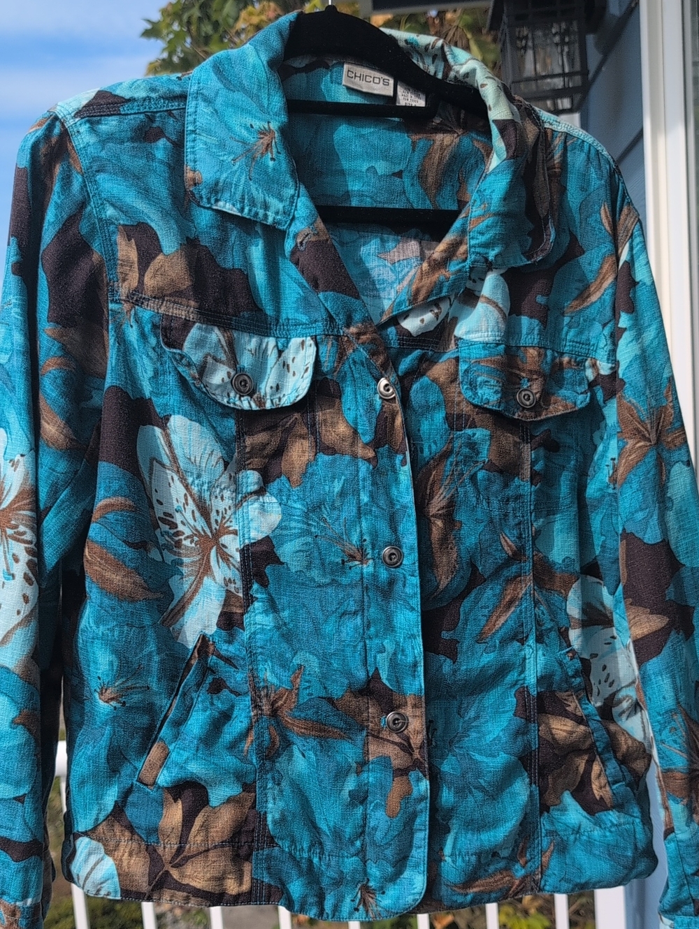 Chico's Turquoise Floral Button-Front Linen Cotton Jacket